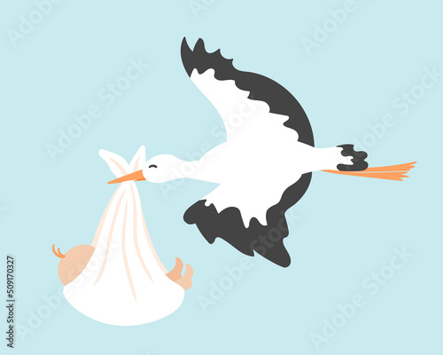 Stork carrying a baby in a bag. Can be used for cards, flyers, posters, t-shirts. Vector flat cartoon illustration.