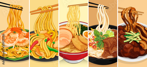 Food set of different asian noodles menu. Collage of various noodles recipes illustration vector. (Pad Thai, Chinese Chow Mein, Japanese Ramen, Vietnamese Pho Noodles and Korean Jajangmyeon)