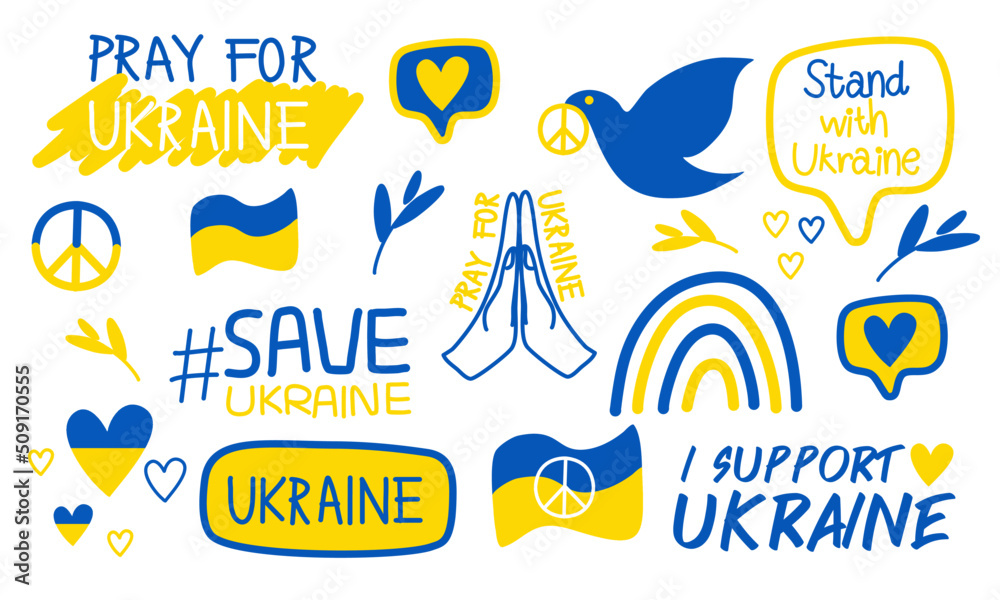 Ukraine war icon set, Peace and support for Ukraine. Vector Illustration isolated on white background.