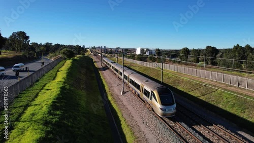 A close up shot of the Gautrain passing by along its route to OR Tambo International airport. photo