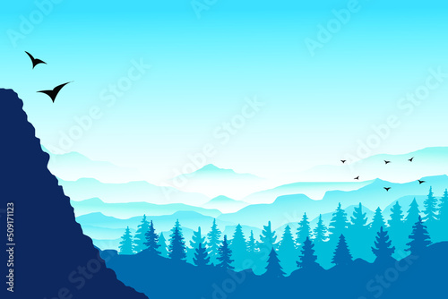 Peaceful landscape. Wallpaper in natural concept. Vector illustration. Minimalist style. Monotonous colors. Silhouettes of mountains. Slopes, relief. Panoramic image.