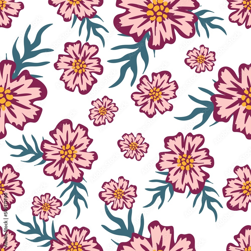 Pink flowers on white background. Floral seamless pattern