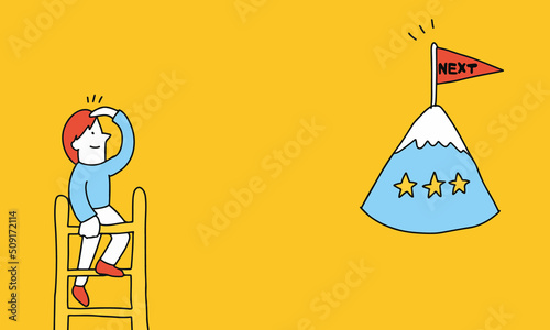 高いところに上って次の目標を確認する人物のイラスト
