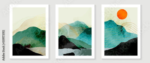 Set of abstract mountain wall art template. Elegant line art, hills, gold line, sun, river, watercolor texture. Collection of luxury wall decoration perfect for decorative, interior, prints, banner.