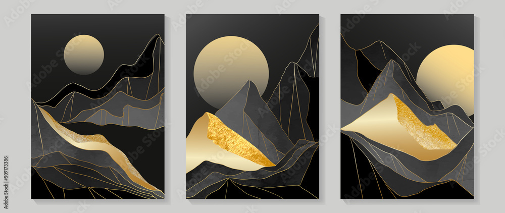 Set of abstract mountain wall art template. Elegant line art, hills, lines, moon, and gold foil texture. Collection of landscape wall decoration perfect for decorative, interior, prints, banner.