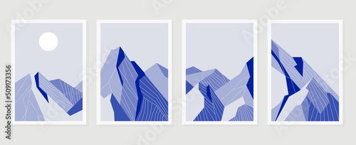 Set of abstract mountain wall art template. Line art, blue hills, lines, moon, sun, hand drawn mountains. Collection of landscape wall decoration perfect for decorative, interior, prints, banner.