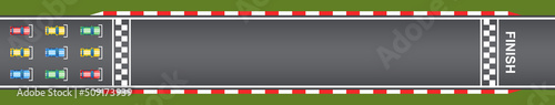 Racing track top view with cars, start and finish lines. Roadway for sport race kart. Grunge textured. Kit for Infinity race. Track with start, finish and line on road. Drift 3d traffic background