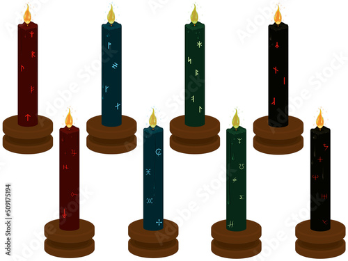 Magic candles with runes and alchemy symbols for rituals vector illustration