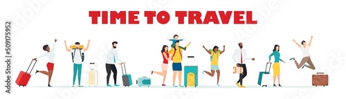 Travel. People at the airport fly on a journey. Summer rest. Family travel. Vacation with friends. Vector illustration.