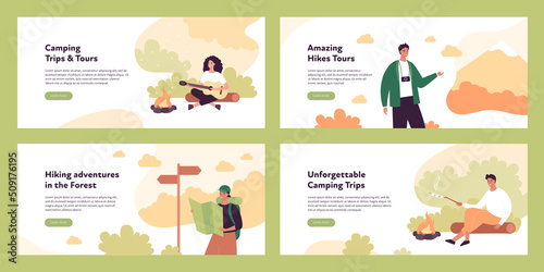 Travel, camping and nature tourism concept collection. Vector flat illustration. Banner template set. Male and female tourist rest in camp near bonfire, make photo and follow a map. photo