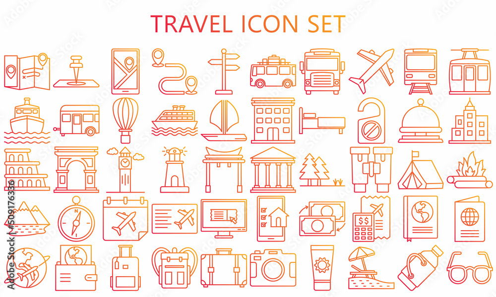 Tour and travel icon set. Contains such Icons as World Map, Connections, Global Business. Used for modern concepts, web, UI, UX kit and applications. vector EPS 10 ready to convert to SVG.