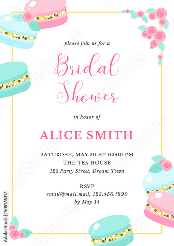 Bridal Shower invitation template. Bachelorette party background decorated with macarons and roses. Vector 10 EPS.