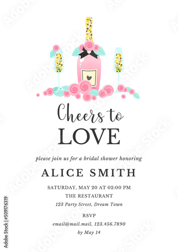 Bridal Shower invitation template. Bachelorette party background decorated with pink champagne bottle, wine glasses and roses. Vector 10 EPS.