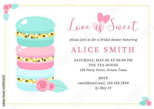 Bridal Shower invitation template. Bachelorette party background decorated with macarons and roses. Vector 10 EPS.