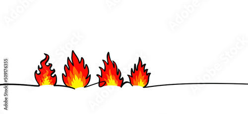 Red, orange, yellow fire or flame pictogram. Fire drawning line pattern.Cartoon vector flames icon or symbol. Burn, ablaze logo. 