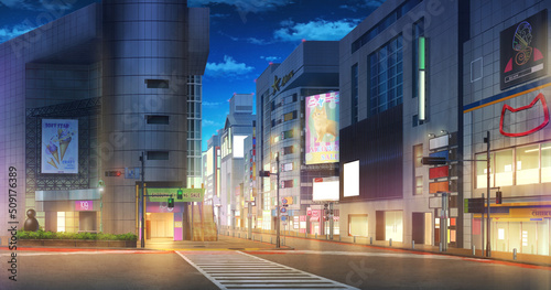 Shibuya the shopping center Night, 2D Anime background, Illustration.  