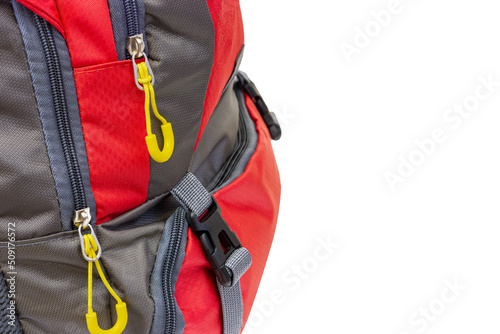 Close-up of a travel bag pocket. Part of a travel backpack on a white background.