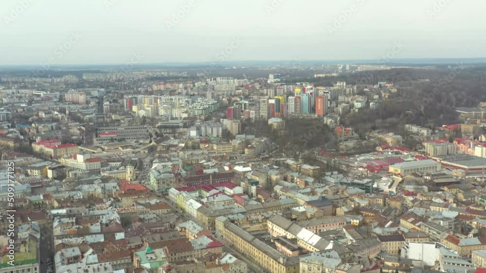 Drone Shot Flying Over Lviv City Centre. Dolly Forward, Establishing Shot Drone Shot Flying Over Lviv City Centre. Dolly Forward, Establishing Shot
