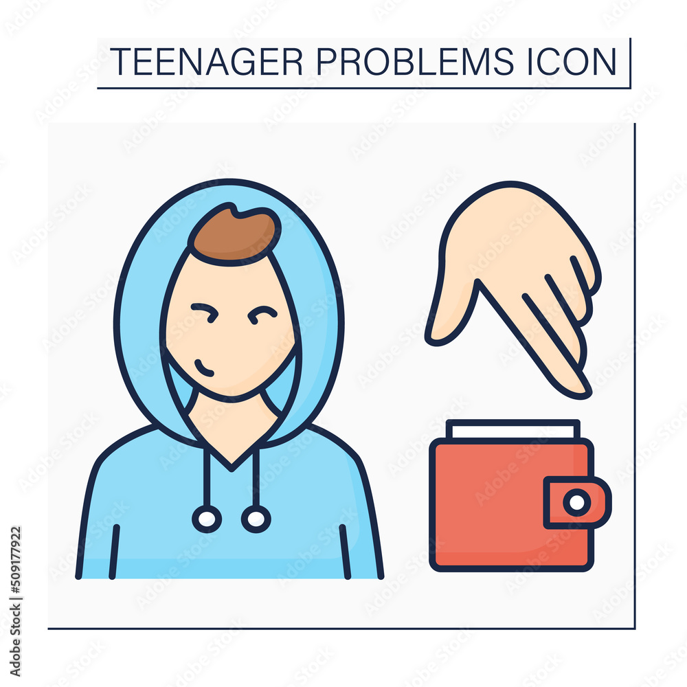 Stealing color icon. Taking money from wallet. Steal due boredom or peer pressure.Teenager problem concept. Isolated vector illustration