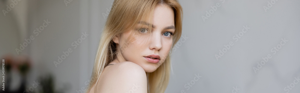 Blonde woman looking at camera in living room, banner. Blonde woman looking at camera in living room, banner.