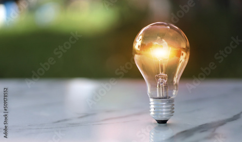 lightbult in soft green nature background.Idea save energy concept photo