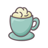 Cup with saucer and drink with foam doodle style isolated vector illustration. Mug with coffee. Liquid in vessel clipart