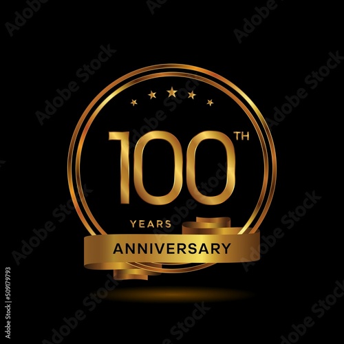 100 years anniversary logo with gold color and ribbon for booklet, leaflet, magazine, brochure poster, banner, web, invitation or greeting card. Vector illustrations.