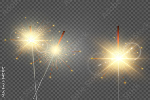 Magical light. Sparkler. Candle sparkling on the background. Realistic vector light effect. Winter, seasonal christmas decoration illustration.	