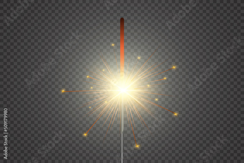 Magical light. Sparkler. Candle sparkling on the background. Realistic vector light effect. Winter, seasonal christmas decoration illustration.	