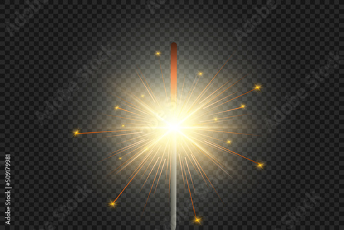 Magical light. Sparkler. Candle sparkling on the background. Realistic vector light effect. Winter, seasonal christmas decoration illustration.	