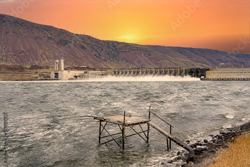 John Day Dam on the columbia River, showing an Indian fishing platform, the spillways, fish ladder and navigation locks, Rufus Oregon. Focus stacked to insure sharp focus.  photo