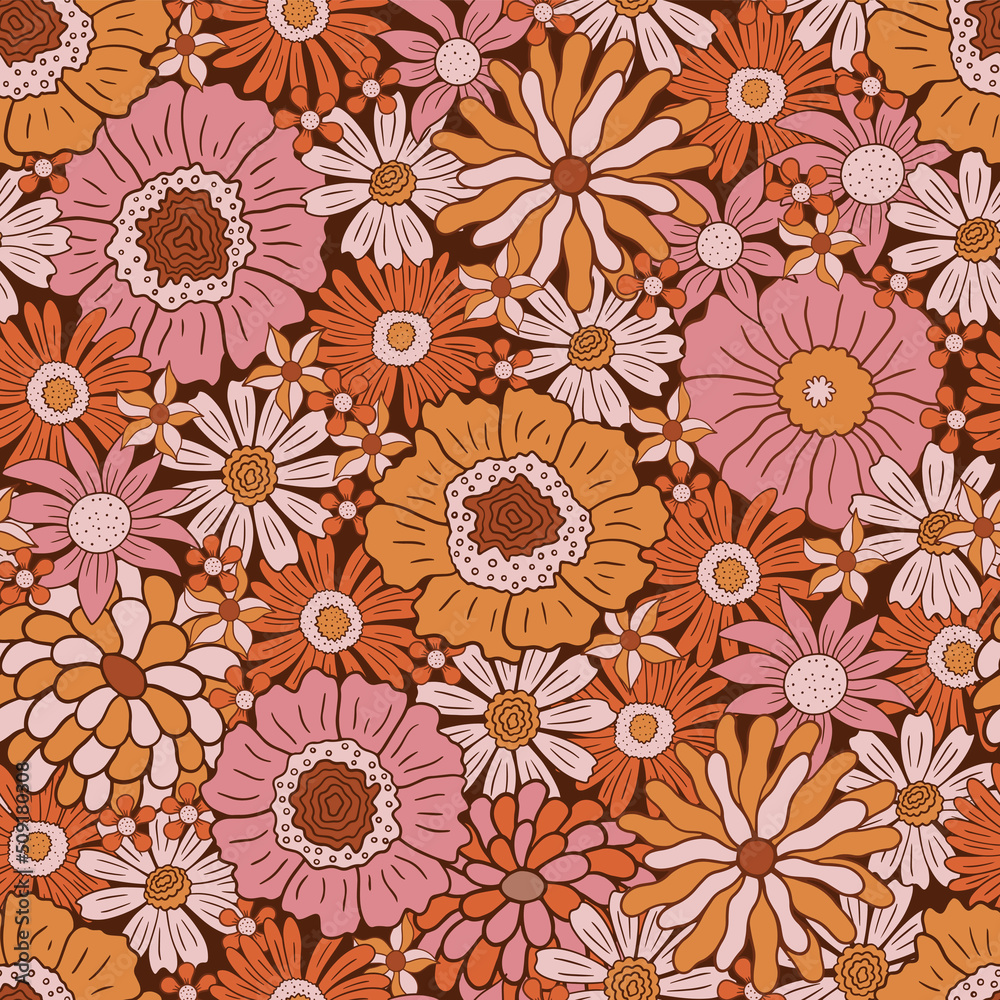 Groovy seamless pattern with flowers. Vector hand-drown illustration.