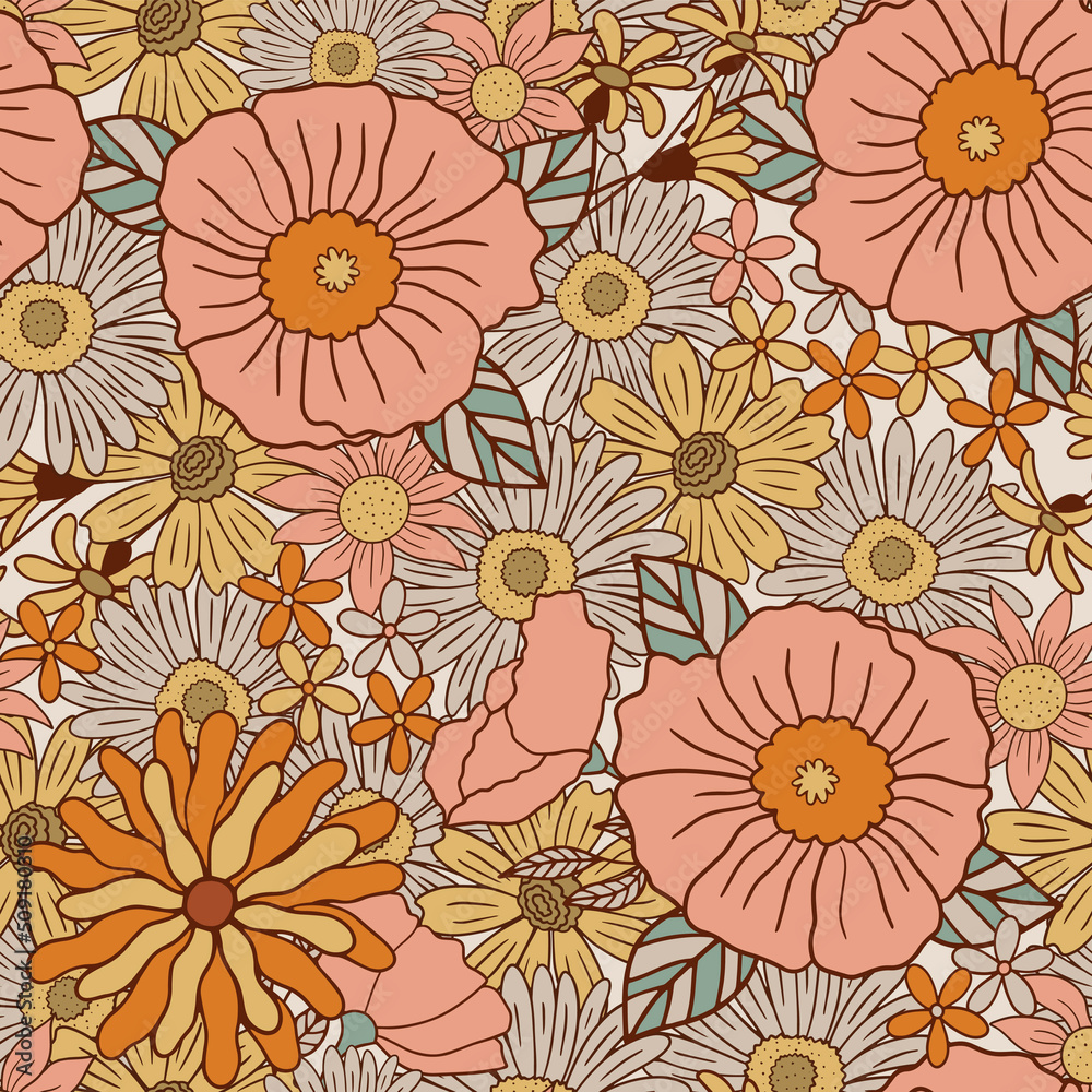 Groovy seamless pattern with flowers. Vector hand-drawn illustration. Groovy seamless pattern with flowers. Vector hand-drawn illustration.