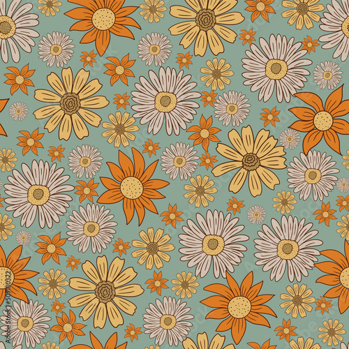 Groovy seamless pattern with flowers. Vector hand-drawn illustration.