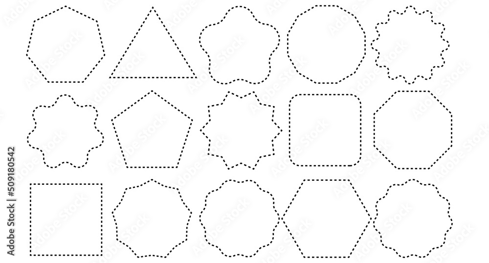 Geometric figures. A set of templates with dotted line stroke. The coupon is cut along the contour. Rectangle, square, circle. Vector illustration