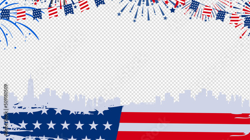 United states of america 4th of July banner background with us grunge flag, USA cityscape, and the statue of liberty on transparent background. Vector illustration. 