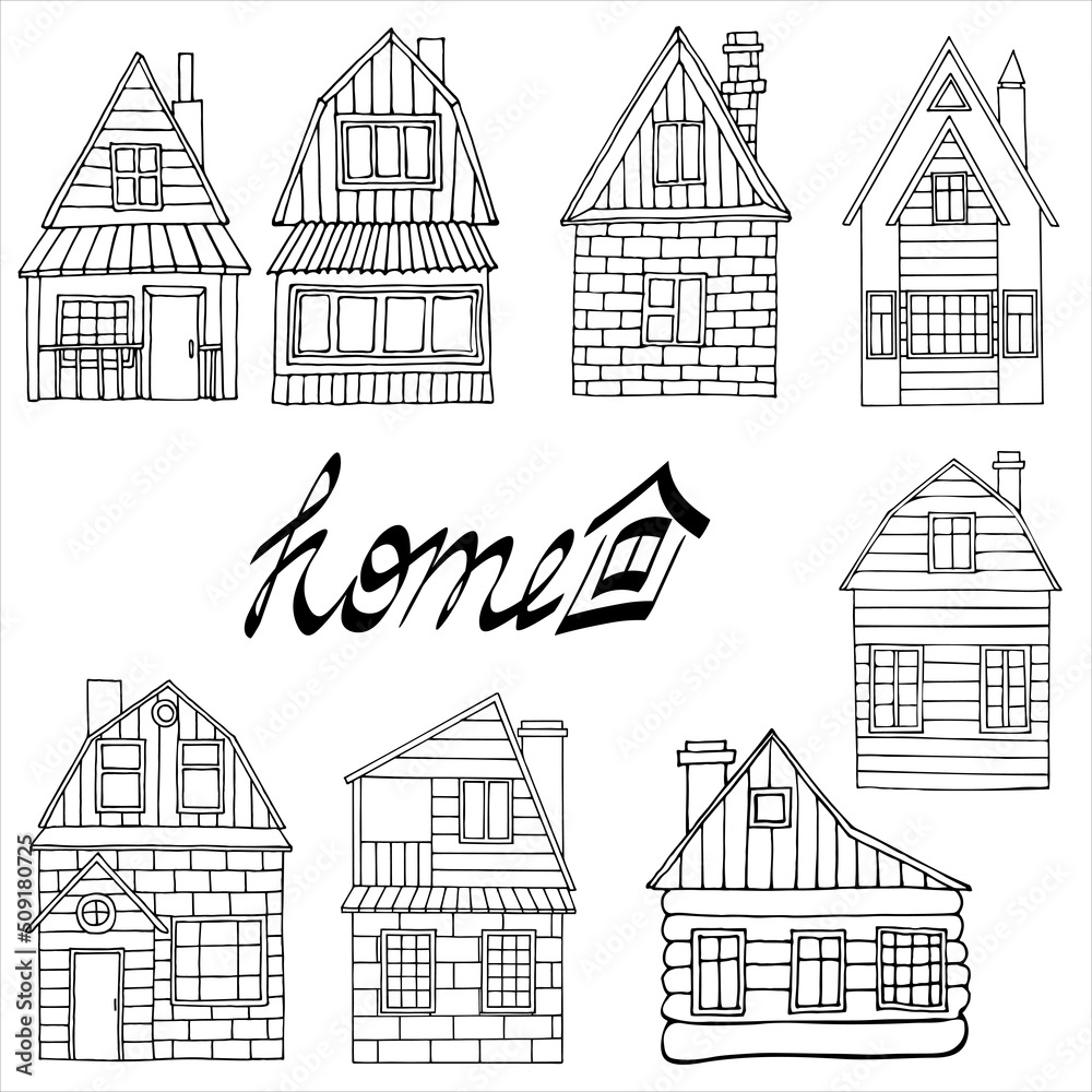 Set of houses. Doodles. Coloring. Vector