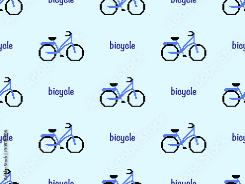 Bicycle cartoon character seamless pattern on blue background. Pixel style..