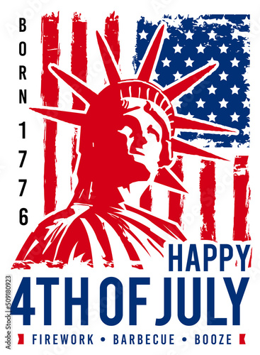 Modern 4th of July sign, symbol, t-shirt illustration design with the statue of liberty and our flag. Vector design.