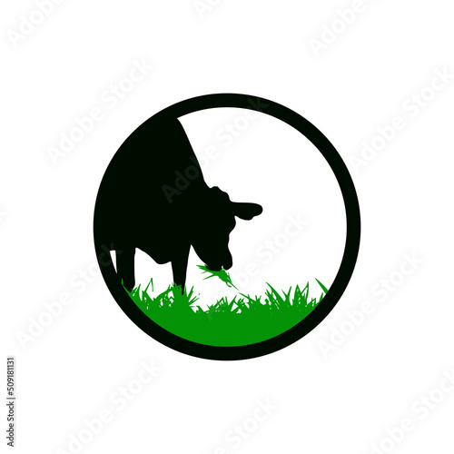Cattle farm logo. Cow eating green grass icon. Silhouette vector illustration.