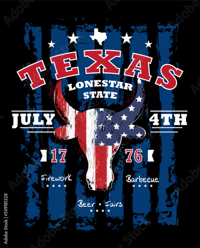 Texas longhorn, 4th of July sign, symbol, t-shirt design with us flag and slogan of texas lone star state. Vector illustration.