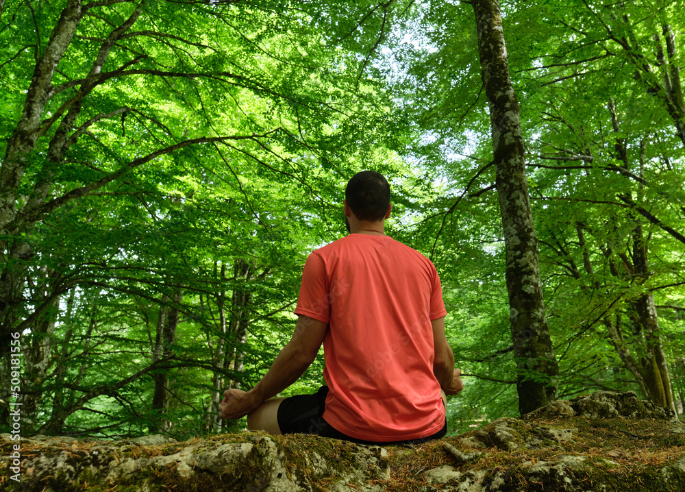 young man doing yoga outdoors on a stone in the middle of the forest, in lotus pose, connection with nature. young man doing yoga outdoors on a stone in the middle of the forest, in lotus pose, connection with nature.