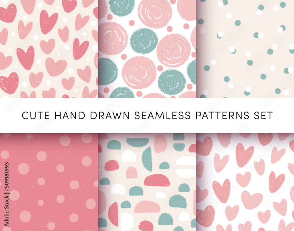 Cute Hand Drawn Seamless Patterns Set. Abstract shapes, circles and hearts with paint brush stroke grunge texture. Vector Ink textured backgrounds for fabric design, wallpaper, wrapping paper, print