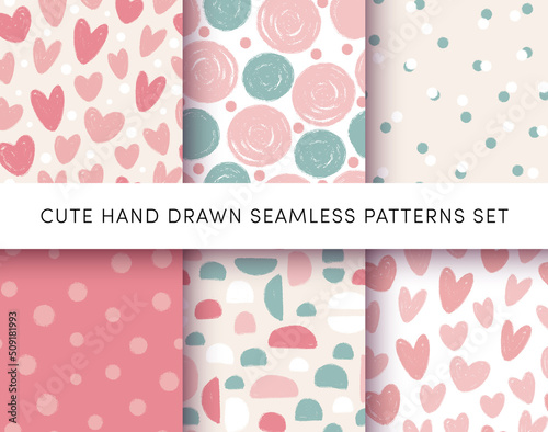 Cute Hand Drawn Seamless Patterns Set. Abstract shapes, circles and hearts with paint brush stroke grunge texture. Vector Ink textured backgrounds for fabric design, wallpaper, wrapping paper, print © Ketmut