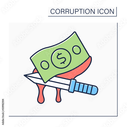  Bloody money color icon. Money obtained at the cost of people lives. Bloodwit. Compensation paid by an offender to victim family. Corruption concept. Isolated vector illustration 