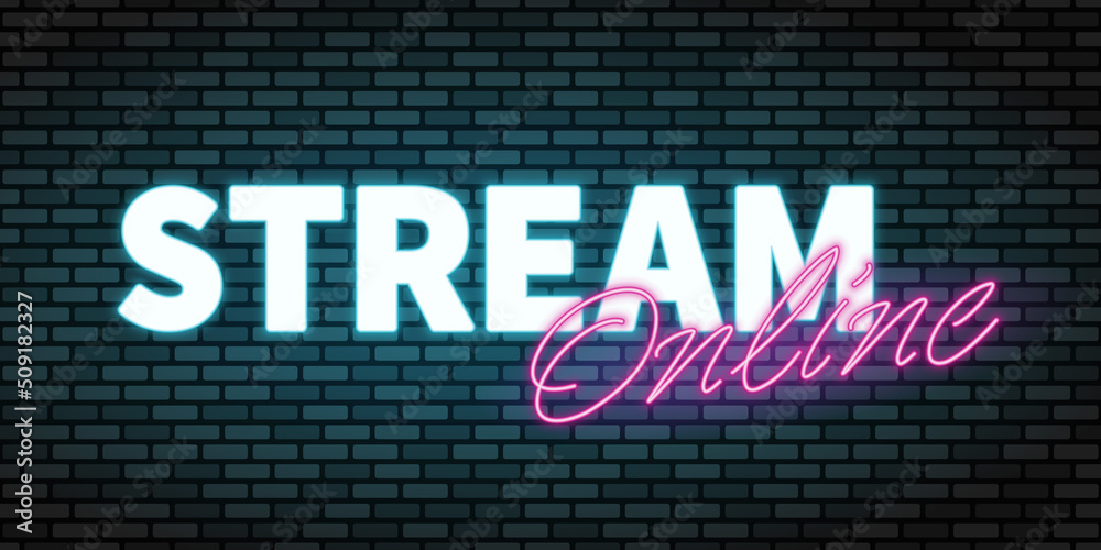 Stream Online neon title. Pink and blue glowing neon sign on dark brick wall. Best for web, social media, mobile apps, signboards and decoration.