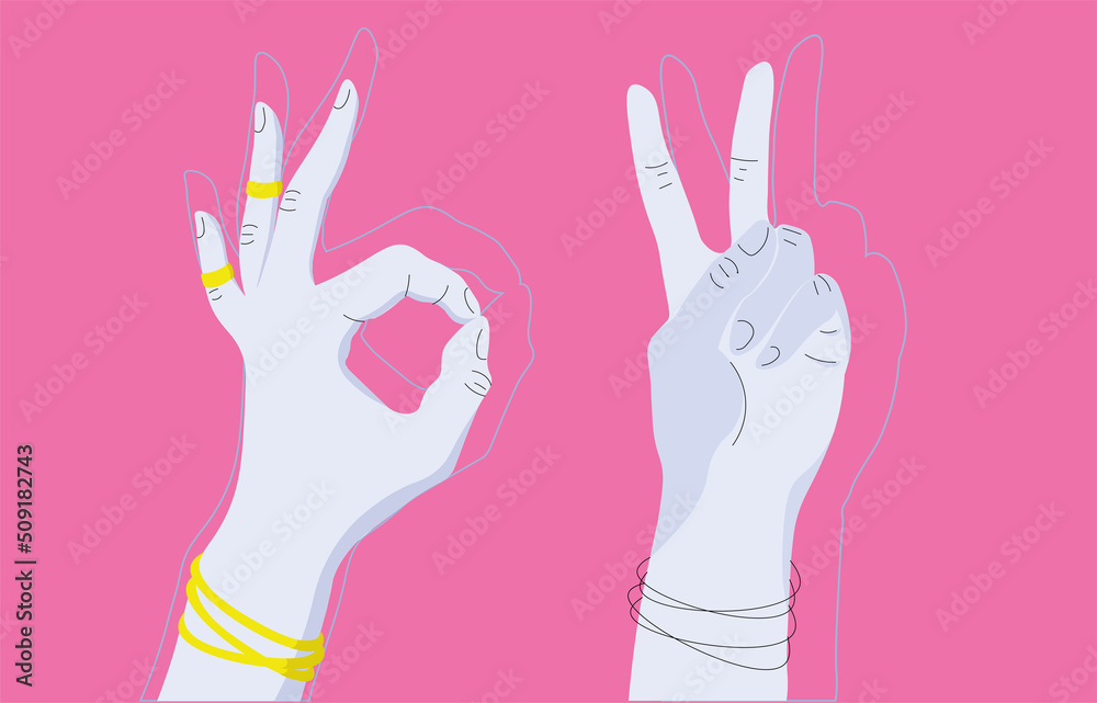 Two hands showing okay and victory hand Two hands showing okay and victory hand