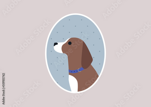 A cute brown puppy in a vintage oval picture frame