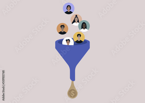 A sales funnel pipeline, client avatars turning into a profit