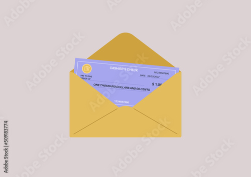 A bank paper check in a yellow envelope, a financial tool